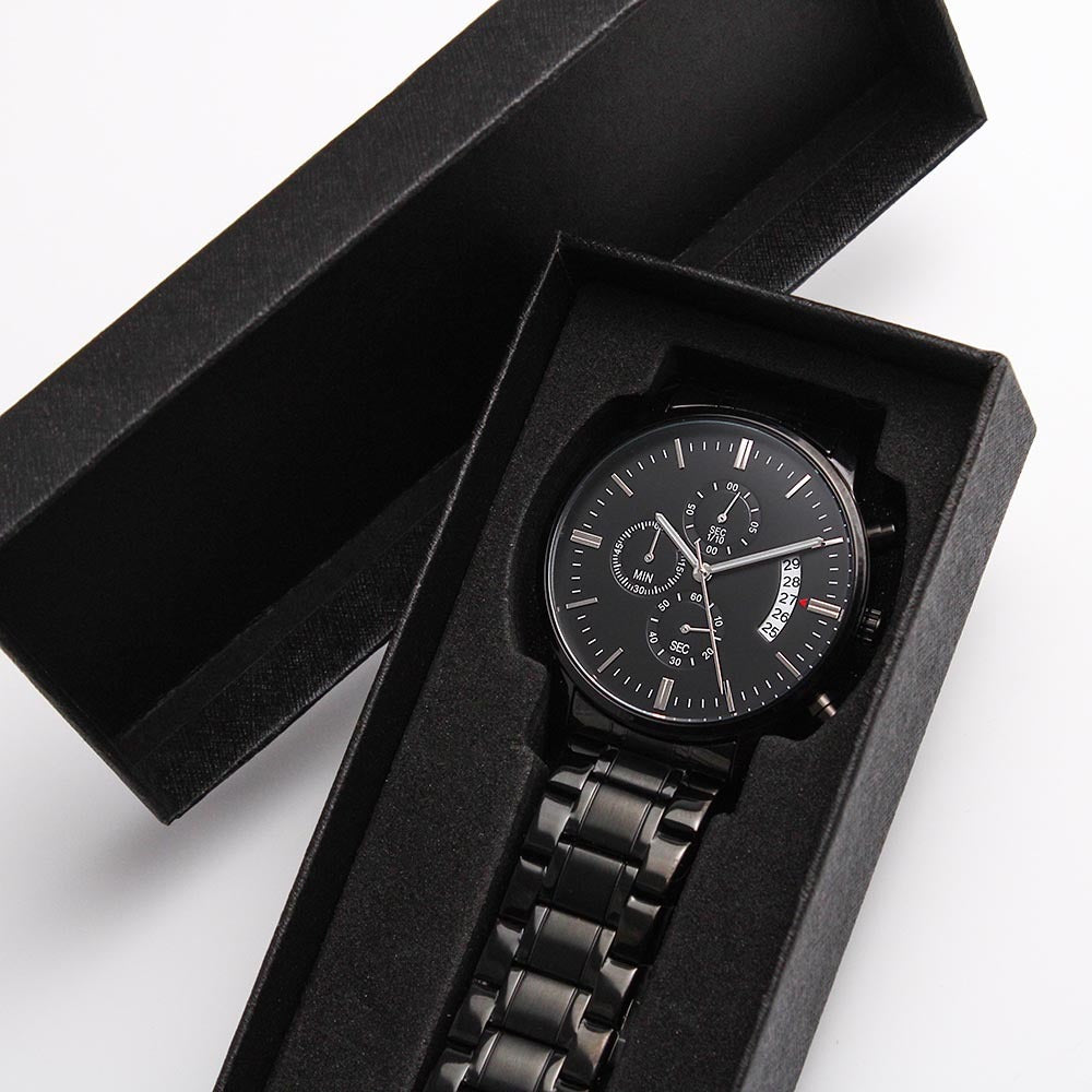 Graduation Boy-Black Chronograph Watch with Engraving on the back