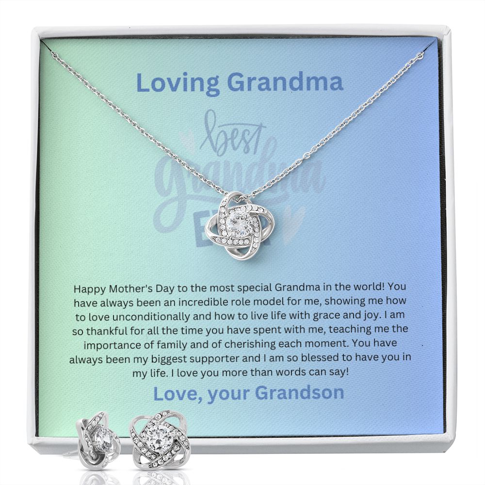 Grandmother-Love Knot Earrings & Necklace Set (from Grandson)