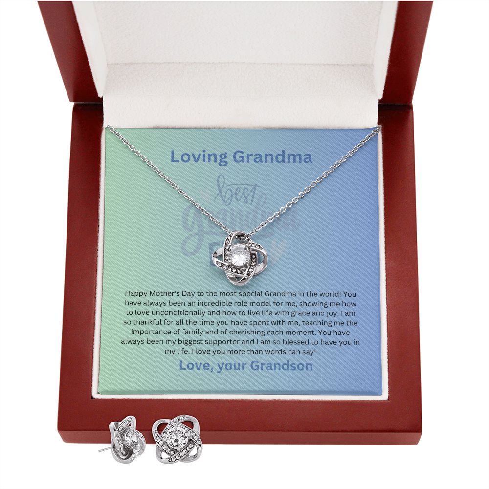 Grandmother-Love Knot Earrings & Necklace Set (from Grandson)