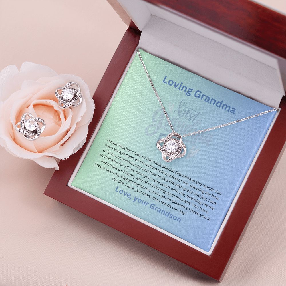 Grandmother-Love Knot Earrings & Necklace Set (from Grandson)