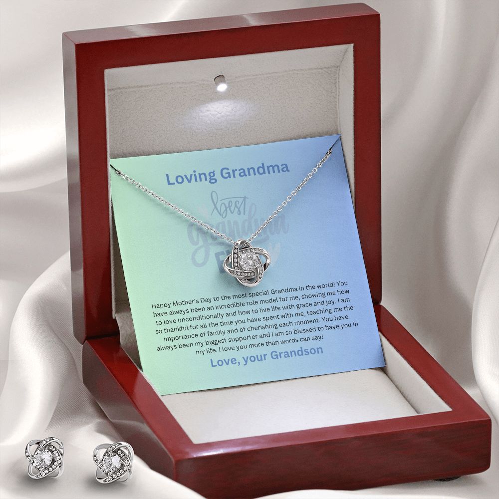 Grandmother-Love Knot Earrings & Necklace Set (from Grandson)