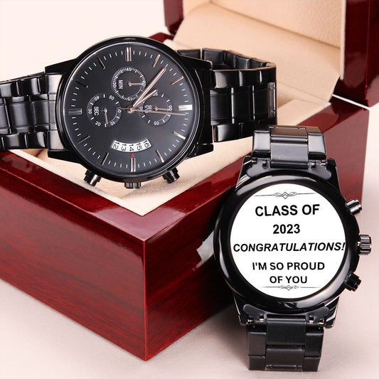 Graduation Boy-Black Chronograph Watch with Engraving on the back