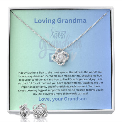 Grandmother-Love Knot Earrings & Necklace Set (from Grandson)