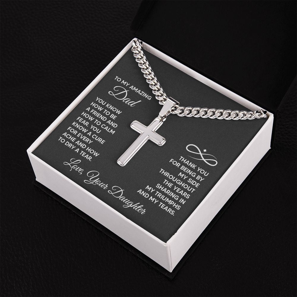 Father-Personalized Steel Cross Necklace on Cuban Chain (from Daughter)