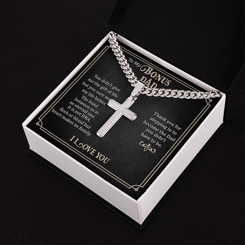 Bonus Dad-Personalized Steel Cross Necklace on Cuban Chain