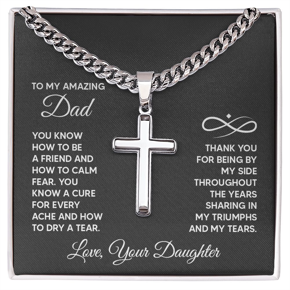 Father-Personalized Steel Cross Necklace on Cuban Chain (from Daughter)