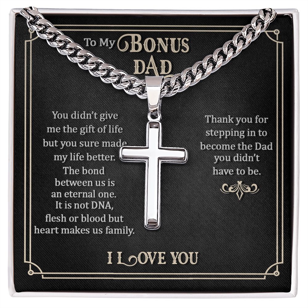 Bonus Dad-Personalized Steel Cross Necklace on Cuban Chain