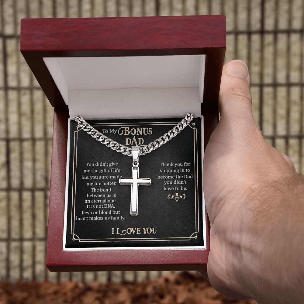 Bonus Dad-Personalized Steel Cross Necklace on Cuban Chain