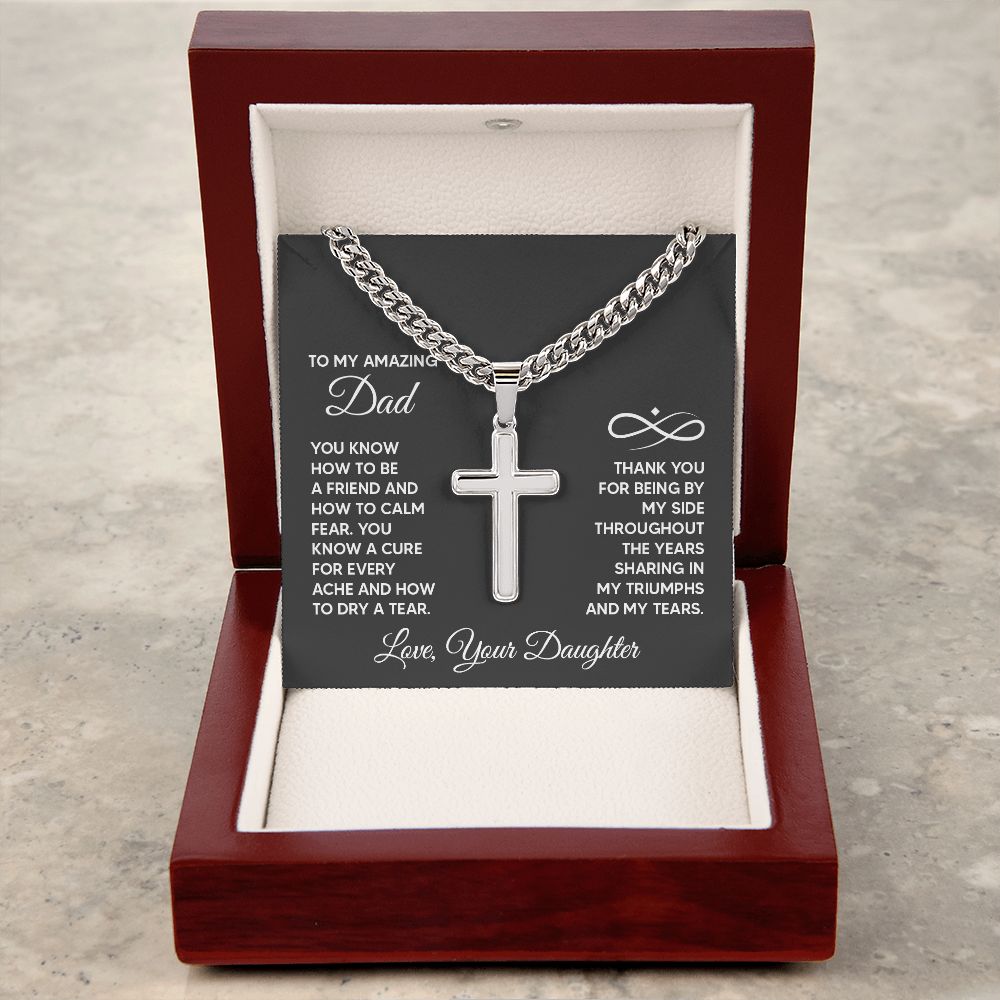 Father-Personalized Steel Cross Necklace on Cuban Chain (from Daughter)