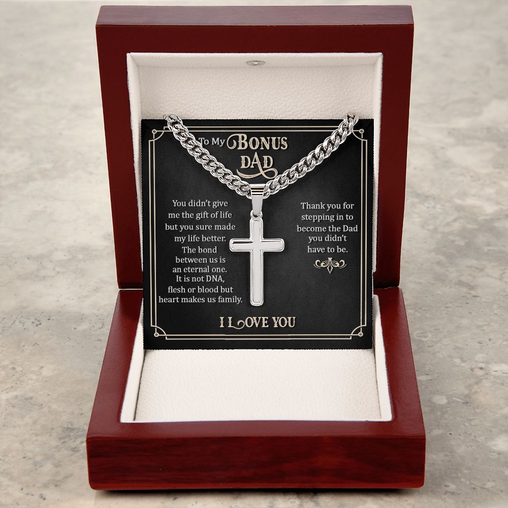 Bonus Dad-Personalized Steel Cross Necklace on Cuban Chain