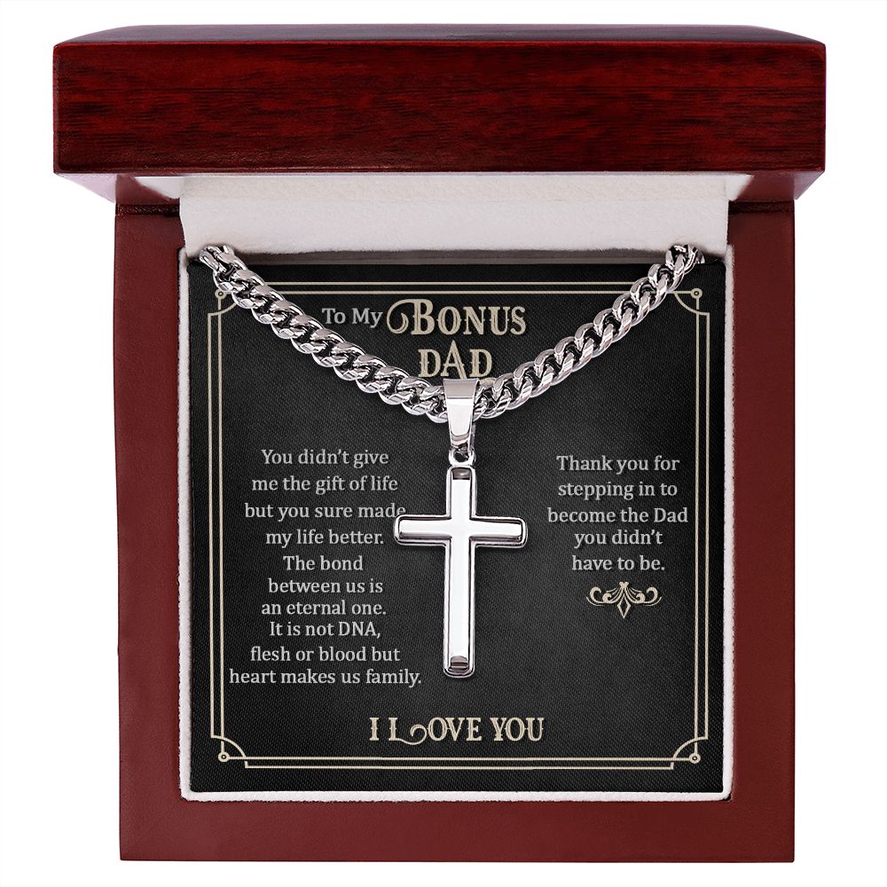 Bonus Dad-Personalized Steel Cross Necklace on Cuban Chain