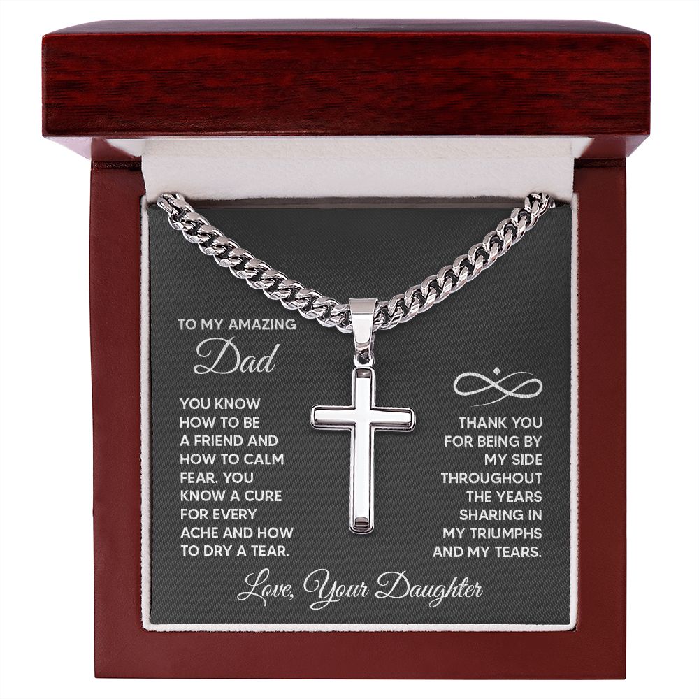 Father-Personalized Steel Cross Necklace on Cuban Chain (from Daughter)